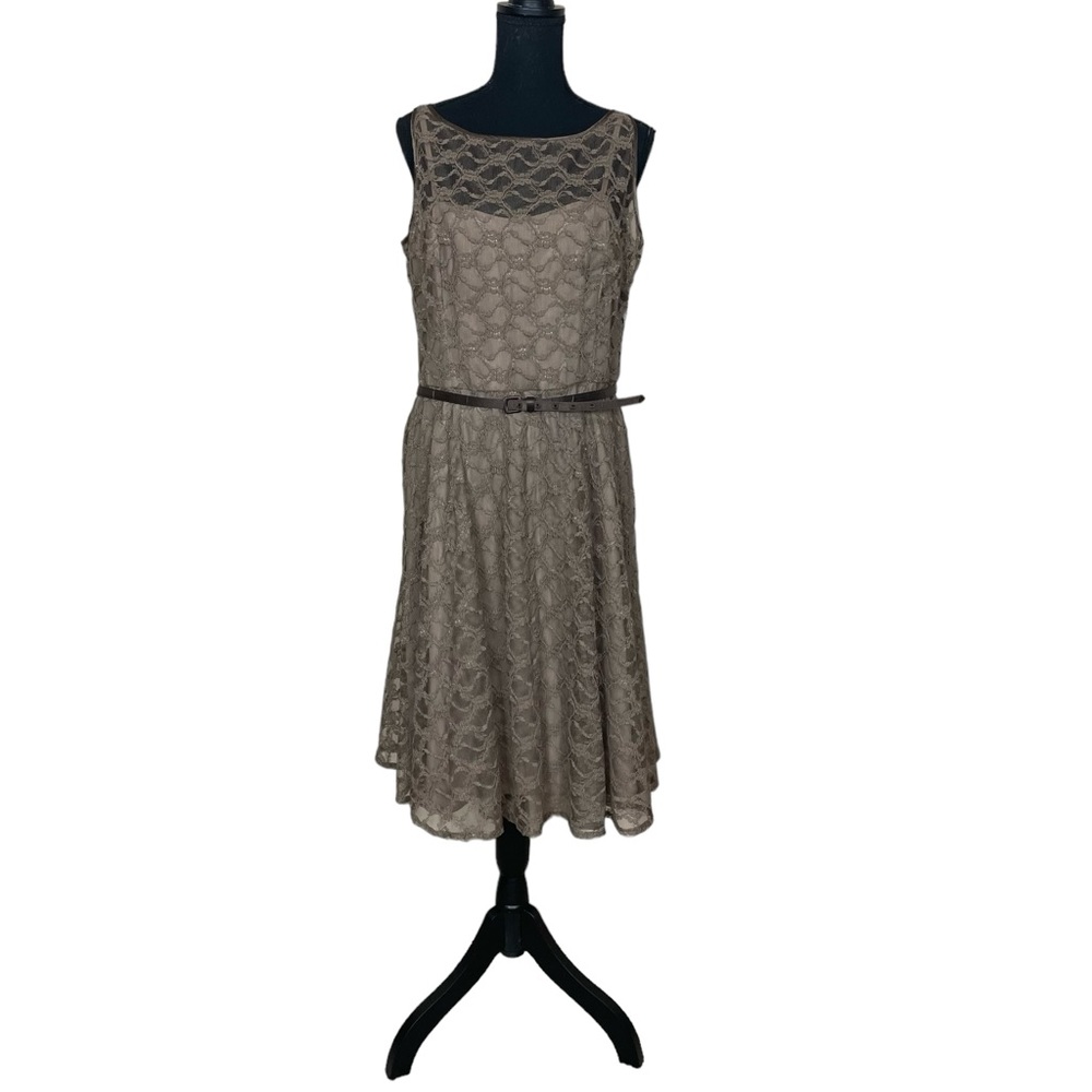 NWT Evan Picone Taupe Lace Midi Dress (TSE)